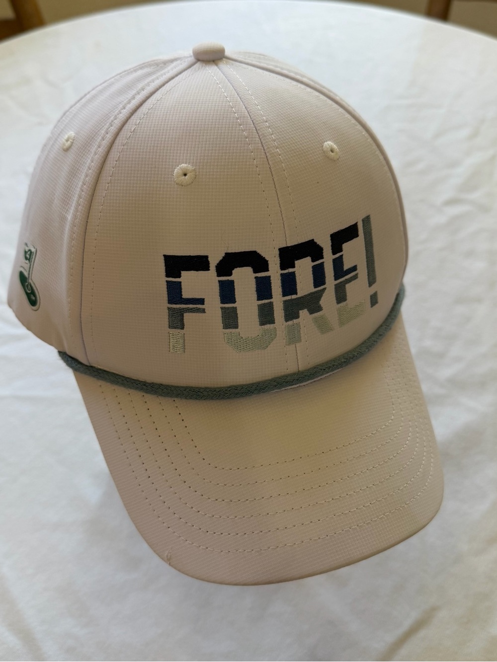 Fahrenheit White Baseball Golf Cap with blue Rope and Multitone 'FORE!'